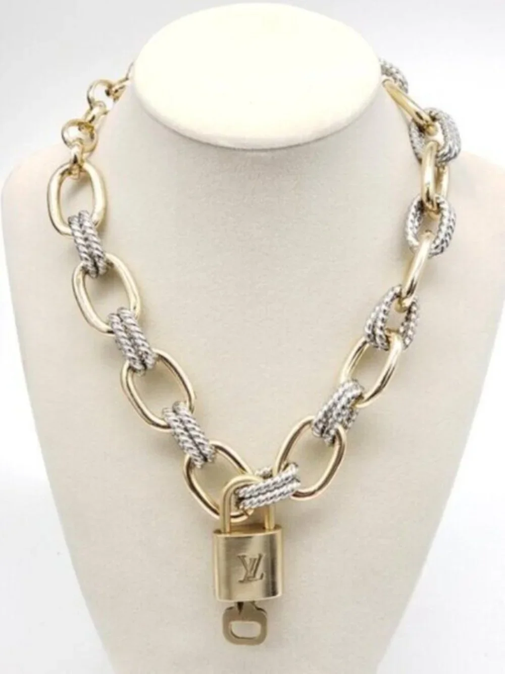 Authentic Louis Vuitton Gold Padlock w/ Unbranded Fashion Geometry Necklace
